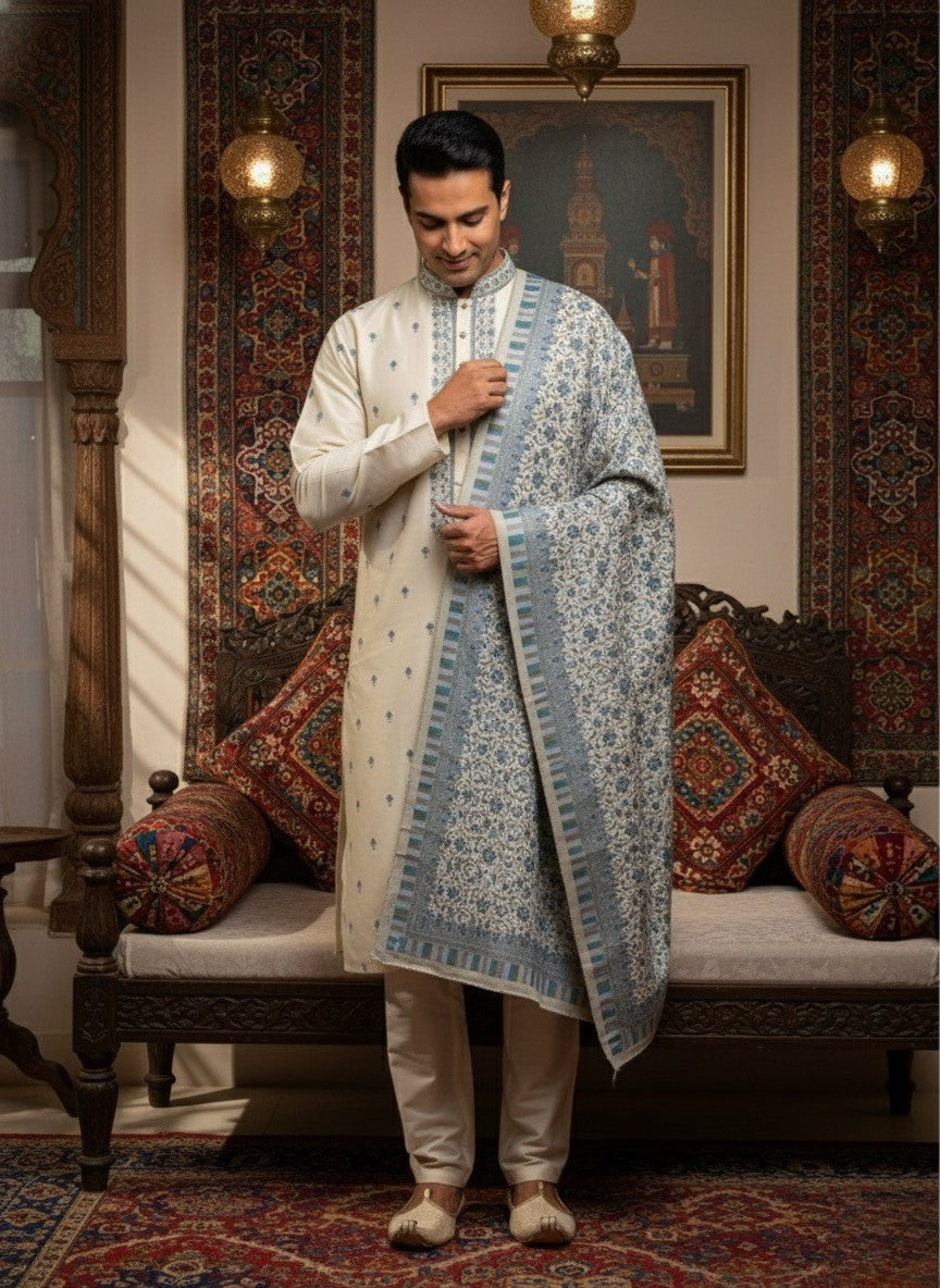 Ivory Linen Satin Kurta with Blue Printed Dupatta