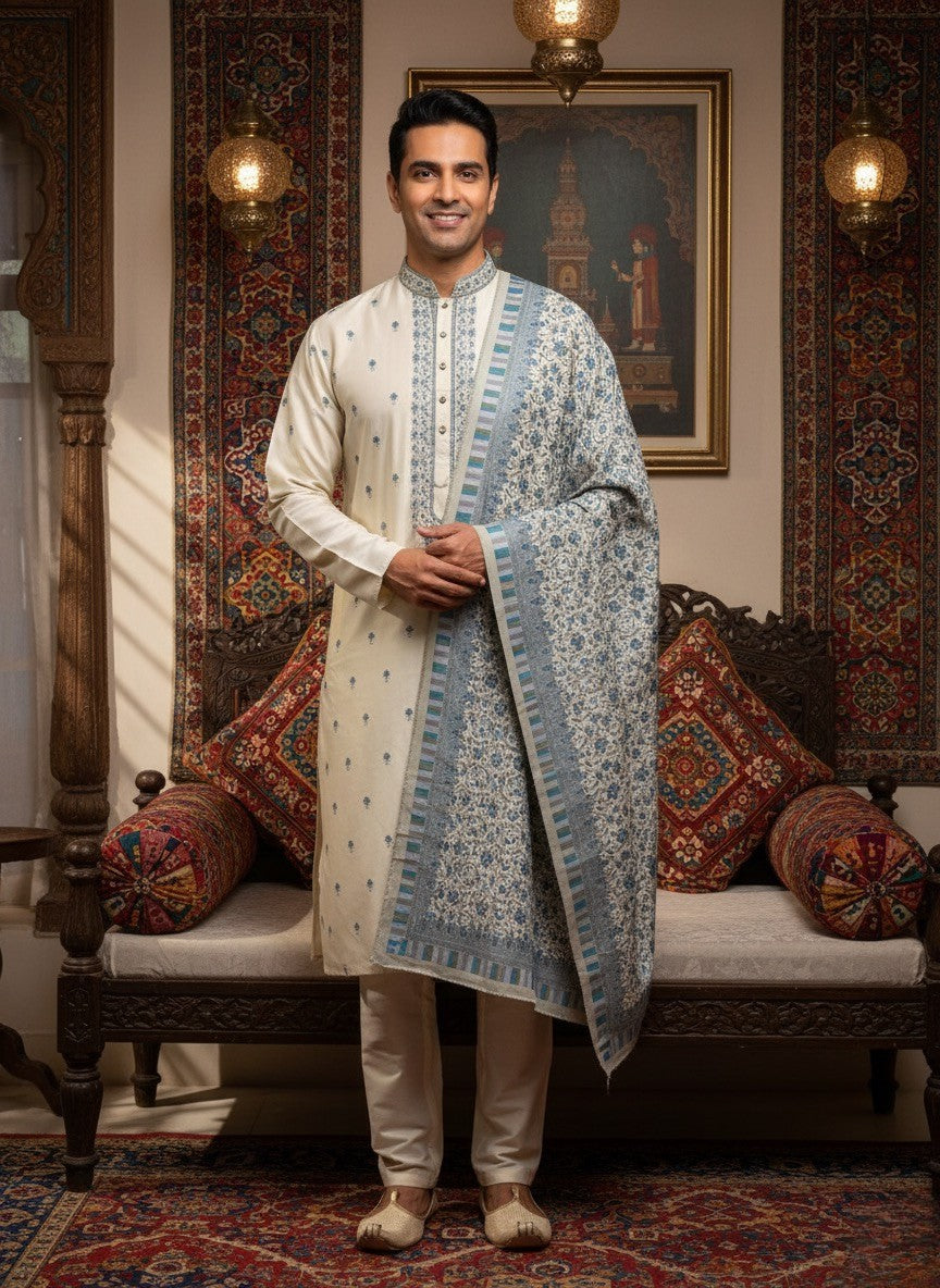 Ivory Linen Satin Kurta with Blue Printed Dupatta