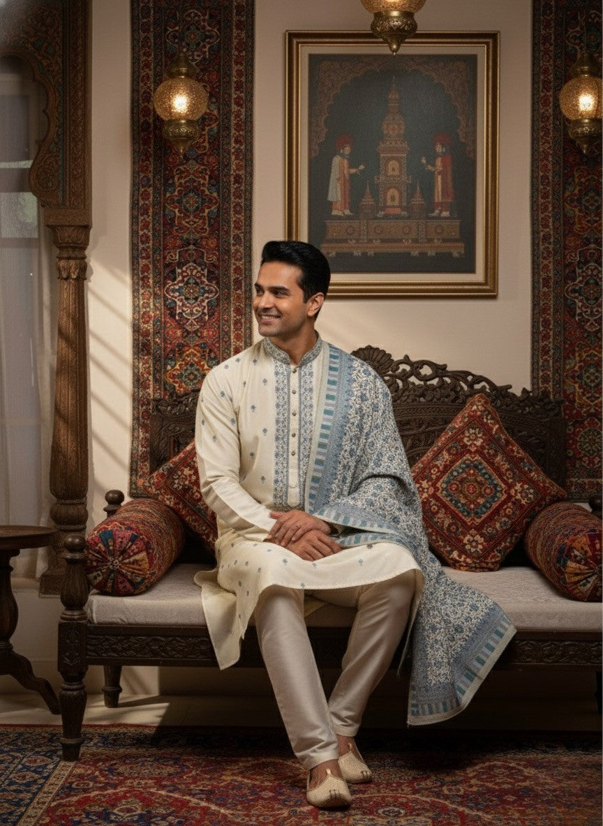Ivory Linen Satin Kurta with Blue Printed Dupatta